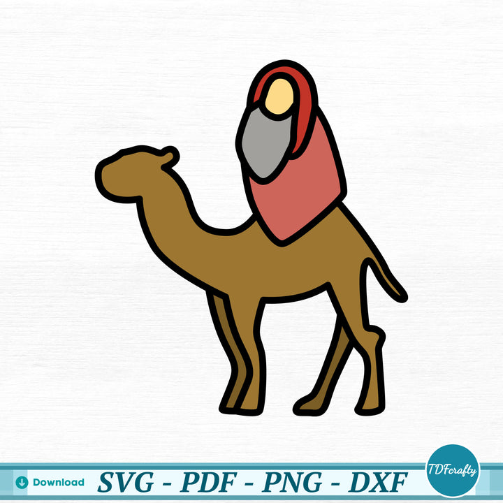 a camel with a red scarf on its back