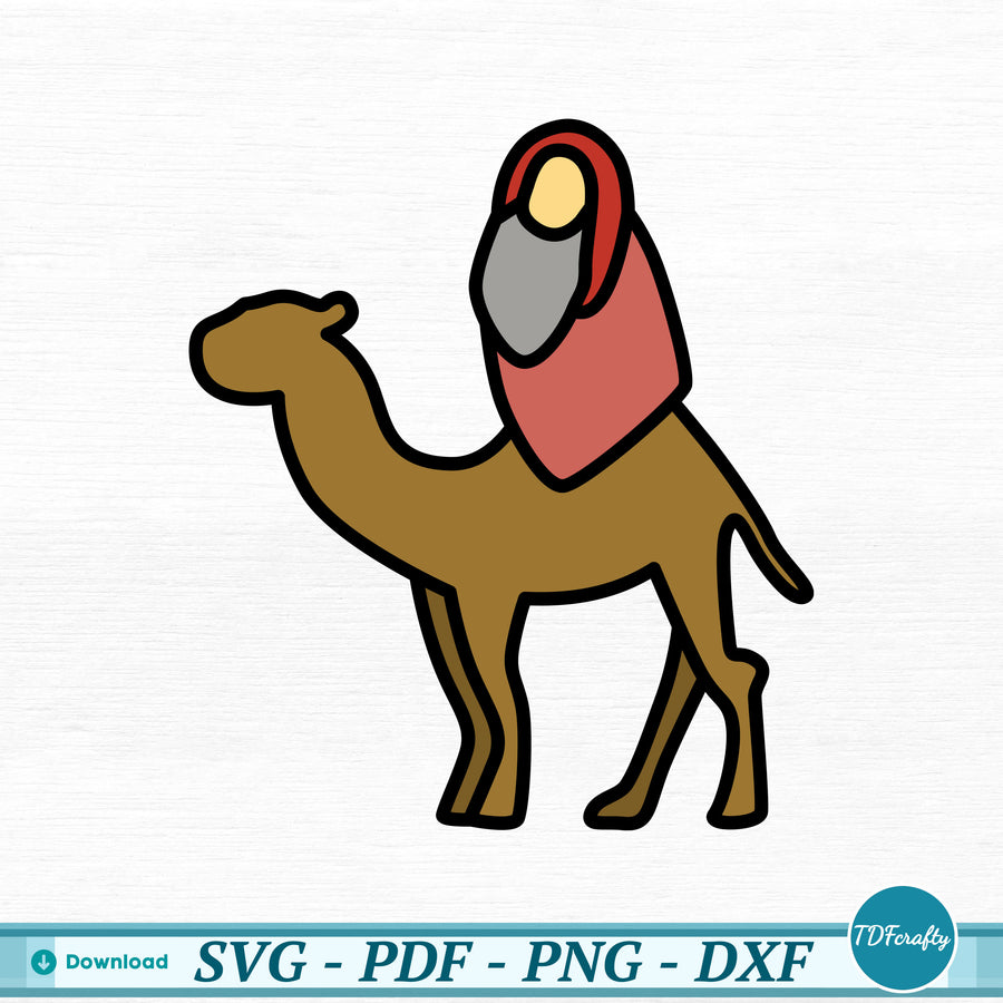 a camel with a red scarf on its back