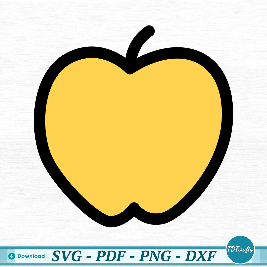 a yellow apple with black outline on a white background