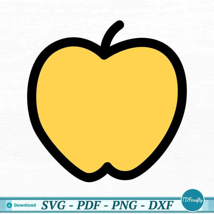 a yellow apple with black outline on a white background