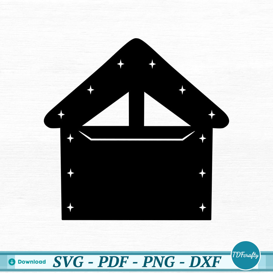 a black and white silhouette of a house with stars