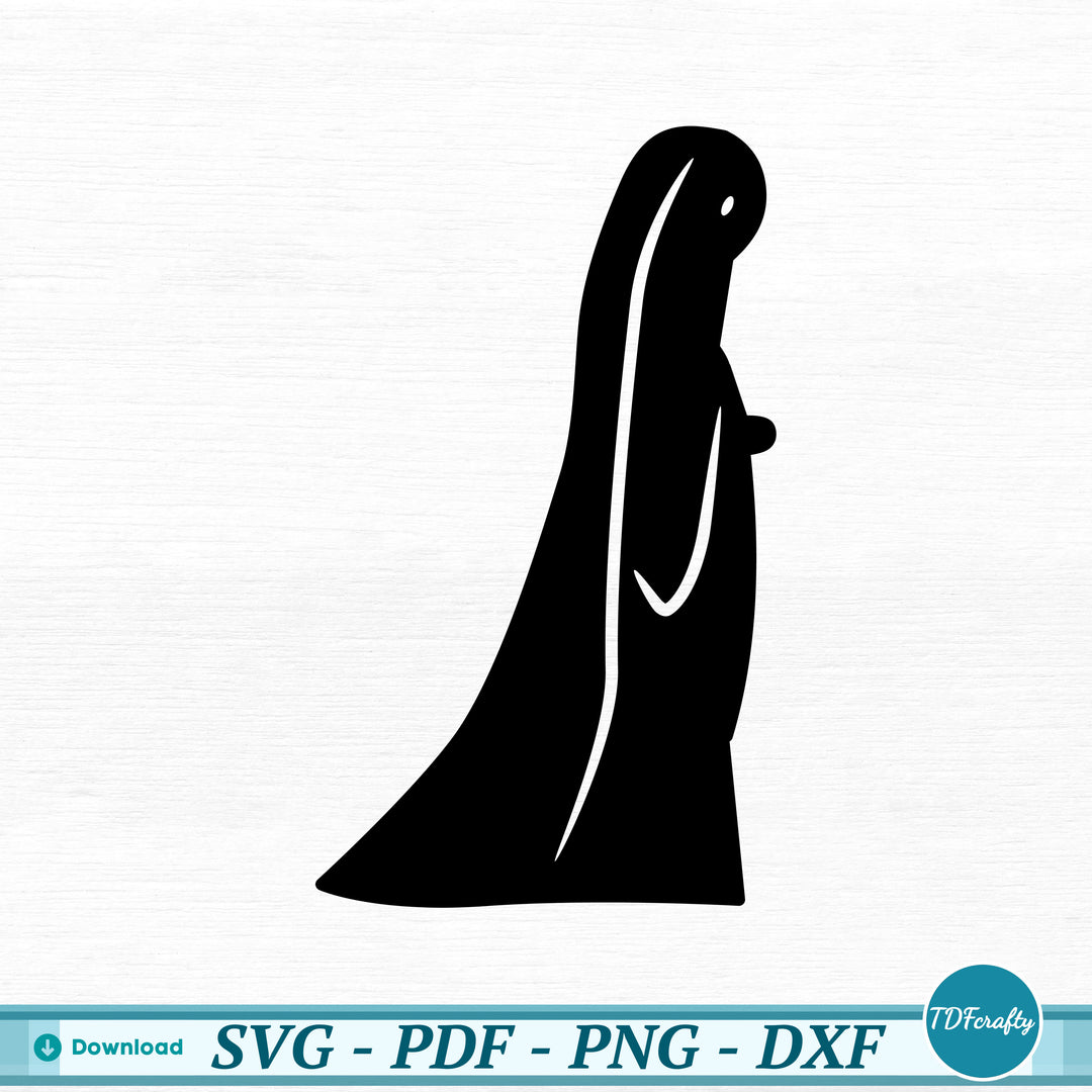 a black and white silhouette of a woman in a long dress