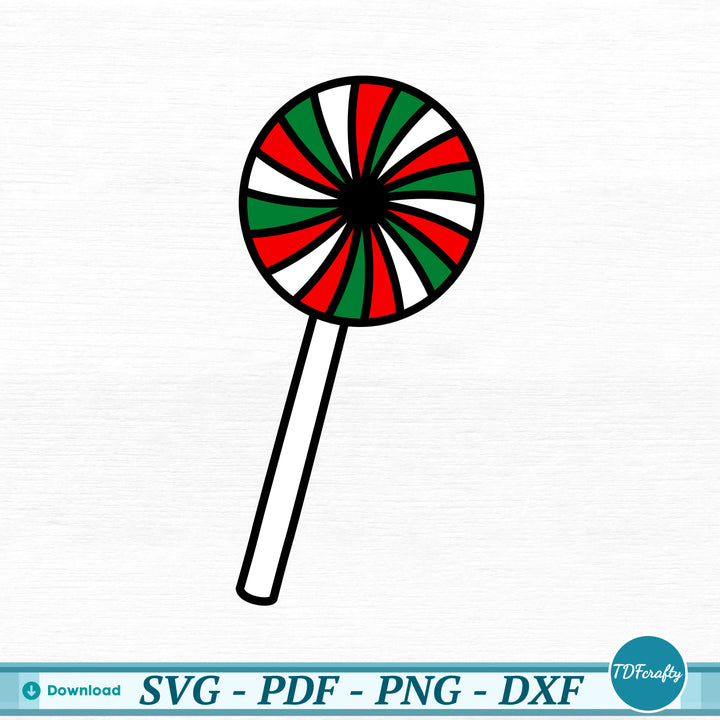 a red, green and white striped lollipop on a stick